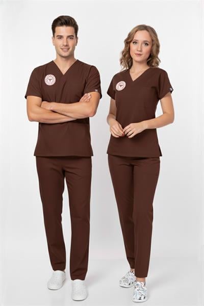 Unisex Kahverengi Psikolog Biyolog Sosyolog Gerontolog Scrubs Üniforma Takım(Sağlık Bak.Yön.Uygun)-Nur Medikal Giyim