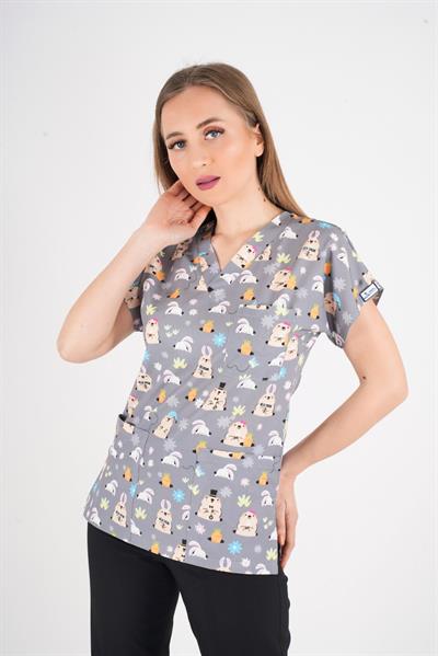Unisex Snack Time Desenli Doktor Hemşire Hastane Aşçı Mutfak Scrubs Tek Üst Üniforma-Nur Medikal Giyim