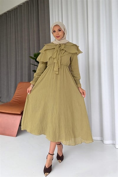 Fırfır Detay Beli Lastikli Elbise - Yeşil