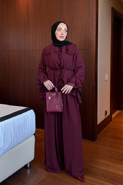 Fırfır Detaylı Şifon Astarlı Pantolon Takım - Bordo