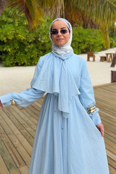 Fular Detay Kemerli Elbise - Mavi