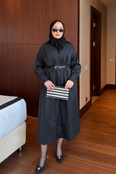 Kemerli Poplin Elbise - Siyah