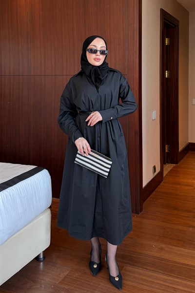 Kemerli Poplin Elbise - Siyah