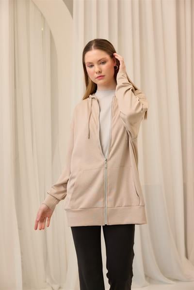 Bej Oversize Kapüşonlu Hırka