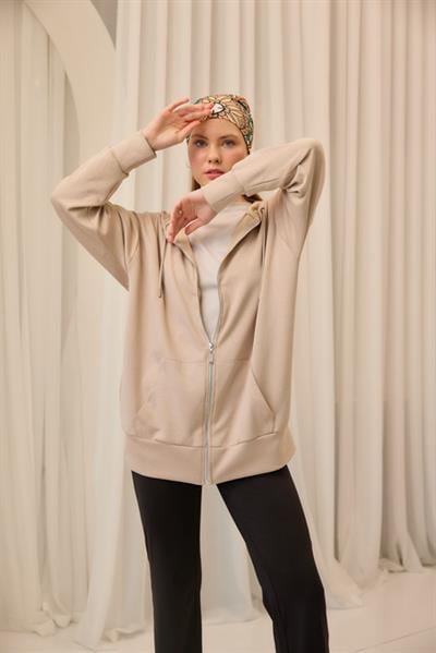 Bej Oversize Kapüşonlu Hırka