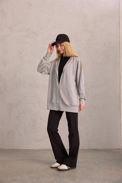 Gri Oversize Kapüşonlu Hırka