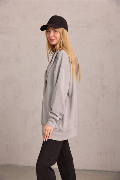 Gri Oversize Kapüşonlu Hırka