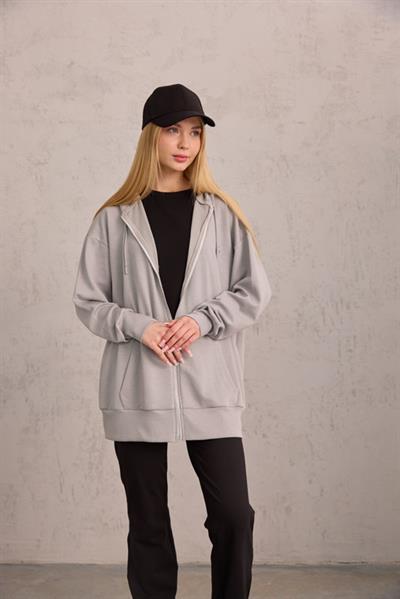 Gri Oversize Kapüşonlu Hırka