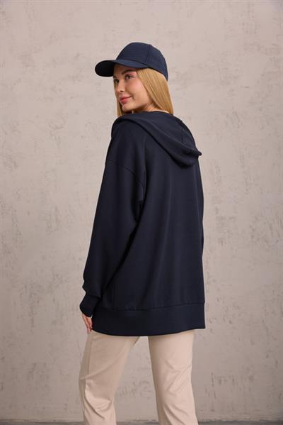 Lacivert Oversize Kapüşonlu Hırka