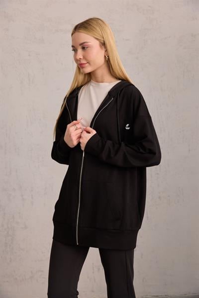 Siyah Oversize Kapüşonlu Hırka