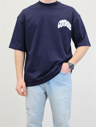 BASKILI OVERSİZE BİSİKLET YAKA T-SHIRT LACİVERT