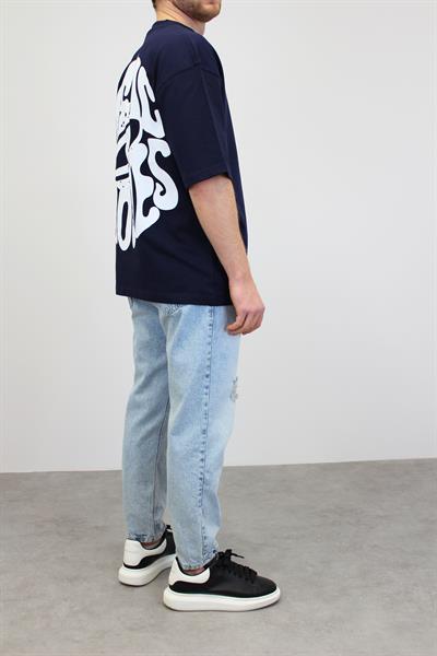 BASKILI OVERSİZE BİSİKLET YAKA T-SHIRT LACİVERT