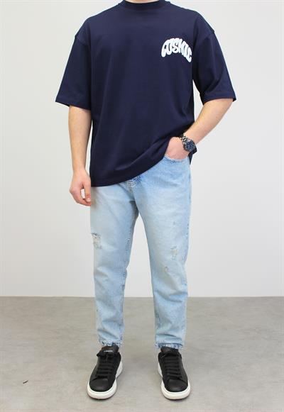 BASKILI OVERSİZE BİSİKLET YAKA T-SHIRT LACİVERT