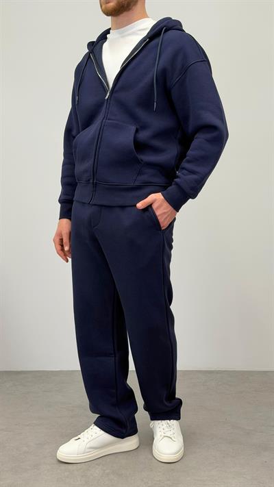 FERMUARLI BASIC KAPŞONLU SWEATSHIRT LACİVERT