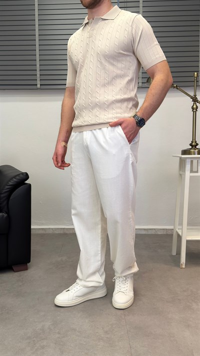 ÖRGÜ DESEN POLO YAKA T-SHIRT BEJ