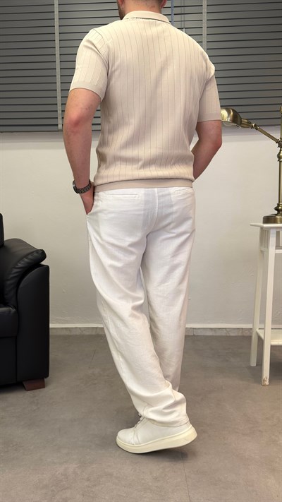 ÖRGÜ DESEN POLO YAKA T-SHIRT BEJ