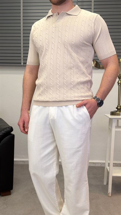 ÖRGÜ DESEN POLO YAKA T-SHIRT BEJ