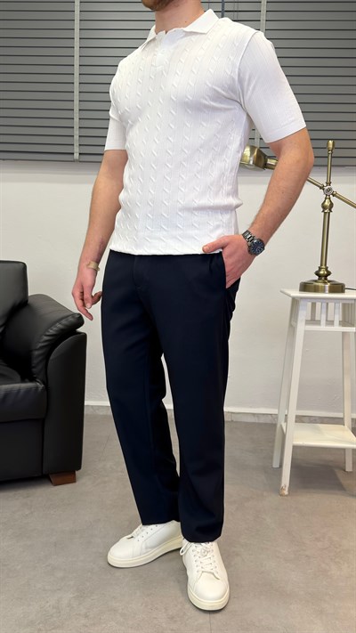 ÖRGÜ DESEN POLO YAKA T-SHIRT BEYAZ