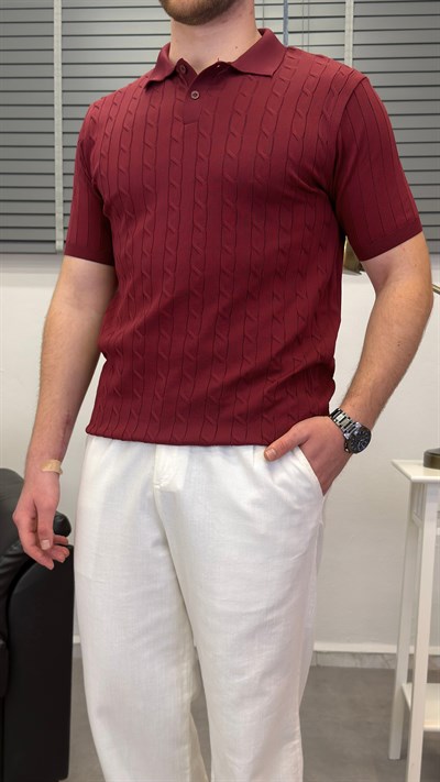 ÖRGÜ DESEN POLO YAKA T-SHIRT BORDO