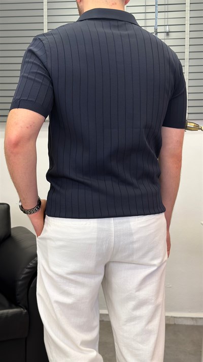 ÖRGÜ DESEN POLO YAKA T-SHIRT LACİVERT