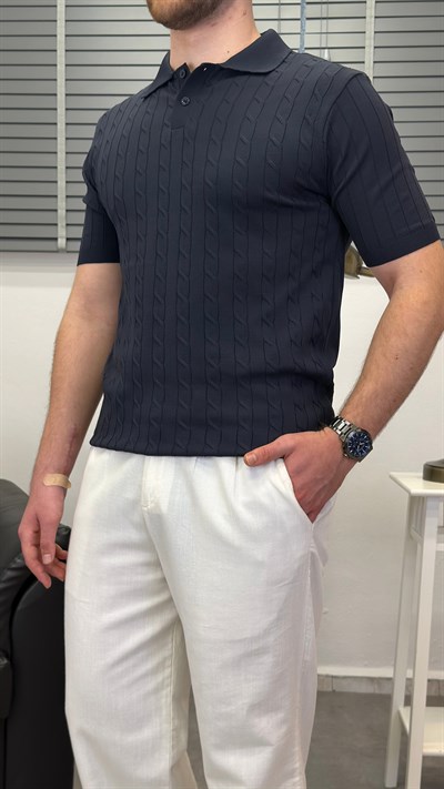 ÖRGÜ DESEN POLO YAKA T-SHIRT LACİVERT