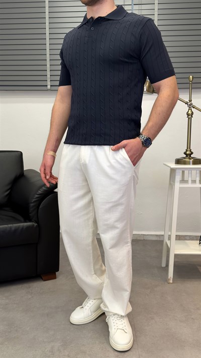 ÖRGÜ DESEN POLO YAKA T-SHIRT LACİVERT