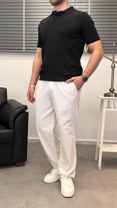 ÖRGÜ DESEN POLO YAKA T-SHIRT SİYAH