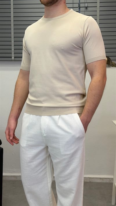 ÖRME BİSİKLET YAKA T-SHIRT BEJ