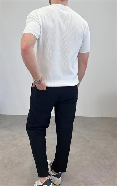 ÖRME BİSİKLET YAKA İNCE FİTİLLİ T-SHIRT BEYAZ