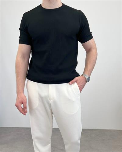 ÖRME BİSİKLET YAKA İNCE FİTİLLİ T-SHIRT SİYAH