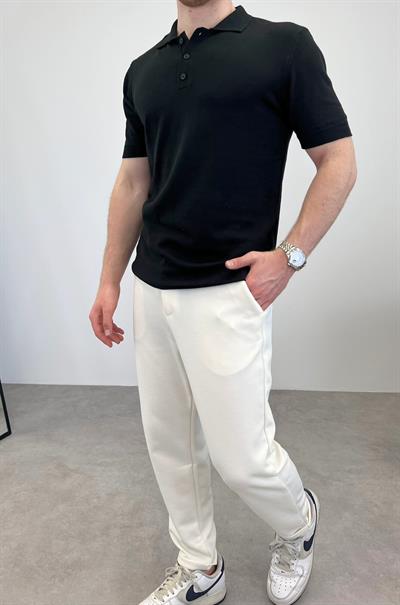 ÖRME POLO YAKA DÜĞMELİ T-SHIRT SİYAH