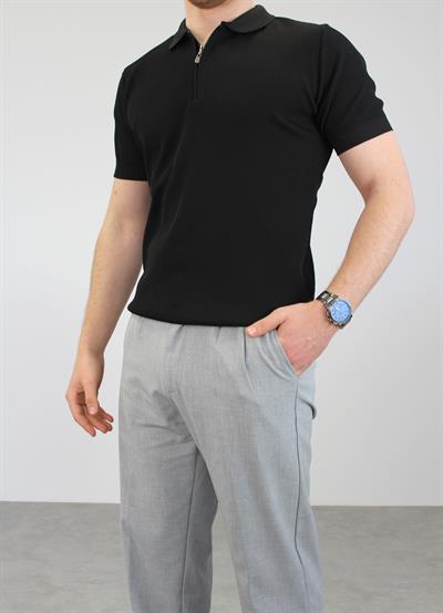 ÖRME POLO YAKA FERMUARLI İNCE FİTİLLİ T-SHIRT SİYAH