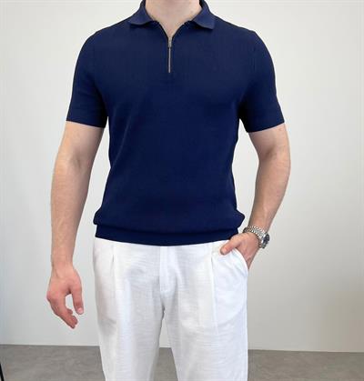 ÖRME POLO YAKA FERMUARLI T-SHIRT LACİVERT
