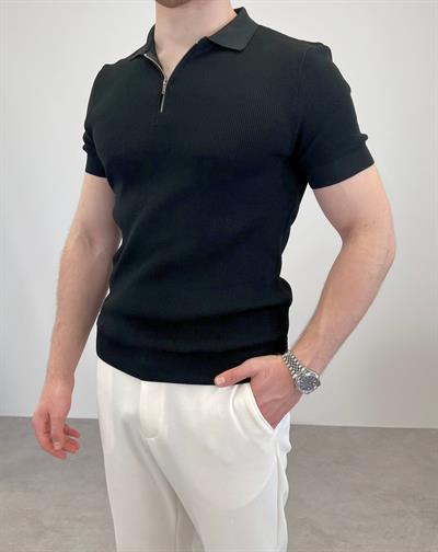 ÖRME POLO YAKA FERMUARLI T-SHIRT SİYAH