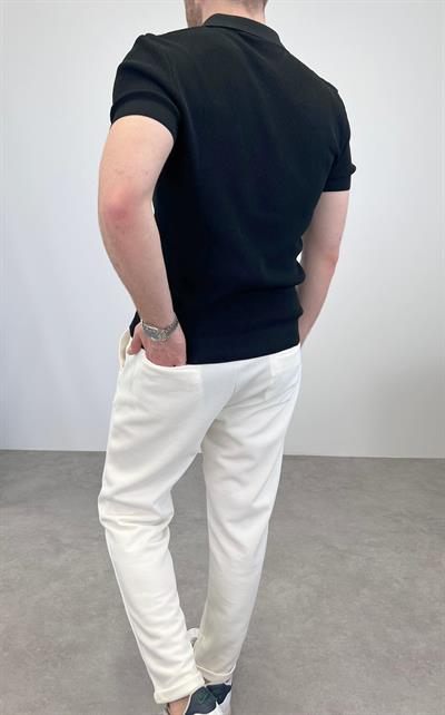 ÖRME POLO YAKA FERMUARLI T-SHIRT SİYAH