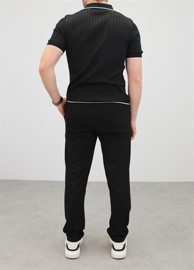 ÖRME POLO YAKA ŞERİT DETAYLI T-SHIRT SİYAH