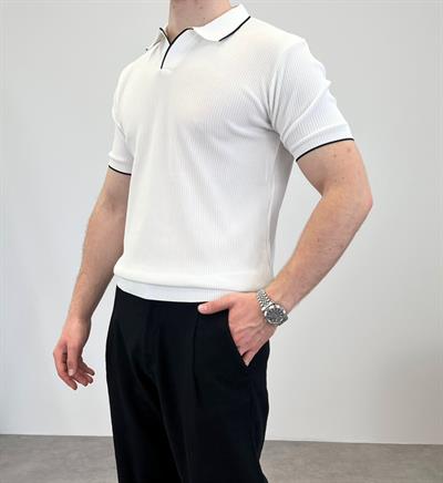ÖRME POLO YAKA ŞERİTLİ T-SHIRT BEYAZ