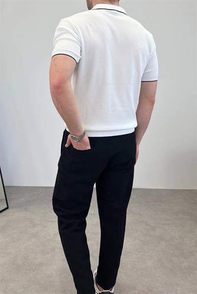 ÖRME POLO YAKA ŞERİTLİ T-SHIRT BEYAZ