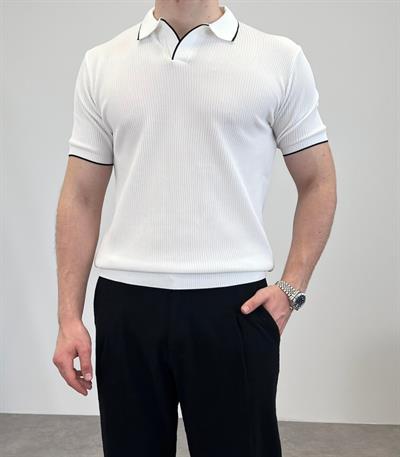 ÖRME POLO YAKA ŞERİTLİ T-SHIRT BEYAZ