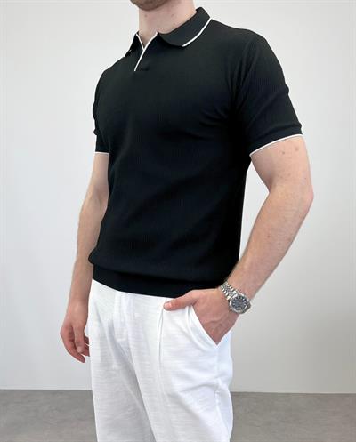 ÖRME POLO YAKA ŞERİTLİ T-SHIRT SİYAH