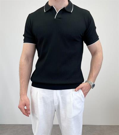 ÖRME POLO YAKA ŞERİTLİ T-SHIRT SİYAH