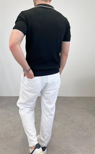 ÖRME POLO YAKA ŞERİTLİ T-SHIRT SİYAH