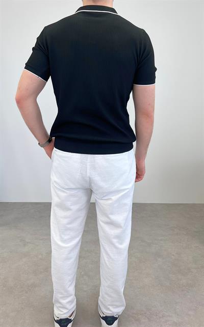 ÖRME POLO YAKA ŞERİTLİ T-SHIRT SİYAH