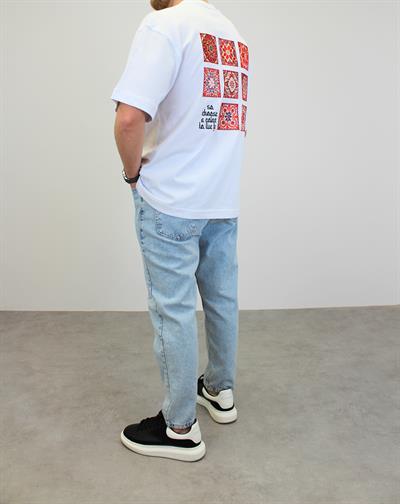 OVERSİZE BASKILI ETNİK DESEN T-SHIRT BEYAZ
