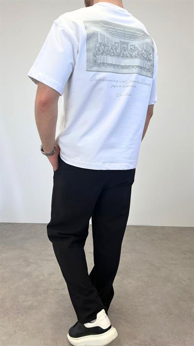 OVERSIZE DA VINCI 3D BASKILI T-SHIRT BEYAZ