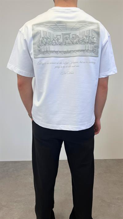 OVERSIZE DA VINCI 3D BASKILI T-SHIRT BEYAZ