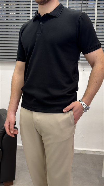 OYSHO KUMAŞ POLO YAKA T-SHIRT SİYAH