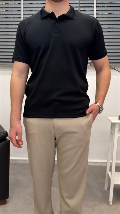 OYSHO KUMAŞ POLO YAKA T-SHIRT SİYAH