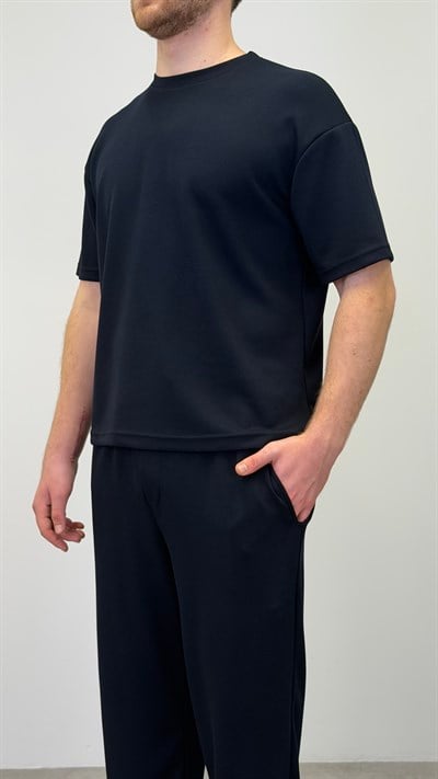 OYSHO KUMAŞ YARIM OVERSİZE T-SHIRT LACİVERT