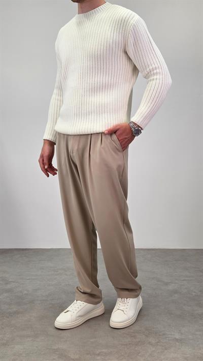 PİLELİ BAGGY KUMAŞ PANTOLON BEJ